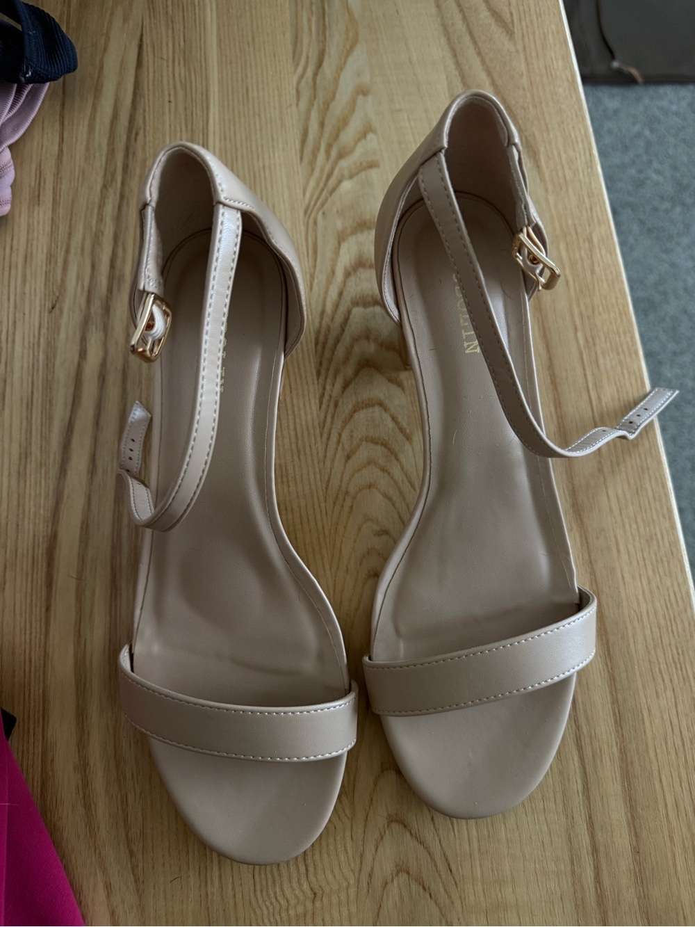 Women's Nude Ankle-Strap Heeled Sandals with Gold Buckle